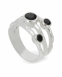 Black Onyx Triple Gemstone Ring, Sterling Silver: Size 9