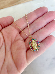 Colorful Crystal Virgin Mary Necklace, Religious Jewelry: 20"