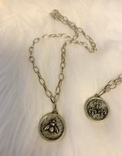 Load image into Gallery viewer, Antique Silver Bee Double Sided Fleur de lis Necklace
