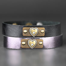 Load image into Gallery viewer, Leather Stacker w/ Vintage Heart Tiny Crystals Valentines: Lavender Sky Metallic
