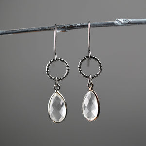 Gunmetal Small Circle Earrings with Stone Drop Earrings: London Blue