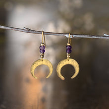 Load image into Gallery viewer, Brass Hammered Crescent Moon w/ Semi Precious Earrings: Black Onyx
