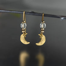 Load image into Gallery viewer, Small Hammered Moon w/ Semi Precious Cube Earrings: Black Tourmaline
