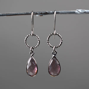 Gunmetal Small Circle Earrings with Stone Drop Earrings: London Blue