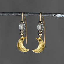 Load image into Gallery viewer, Small Hammered Moon w/ Semi Precious Cube Earrings: Black Tourmaline
