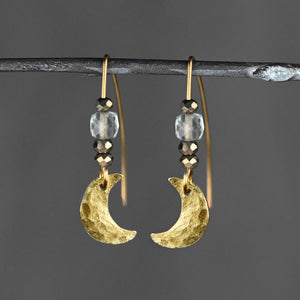 Small Hammered Moon w/ Semi Precious Cube Earrings: Black Tourmaline