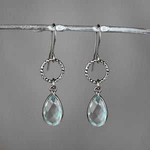 Gunmetal Small Circle Earrings with Stone Drop Earrings: London Blue