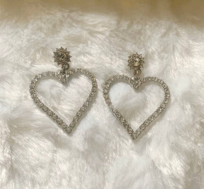 Rhinestone Silver Heart Dangle Earrings