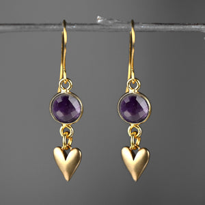 Small Brass Cast Hearts w/ Round Semi Precious Earrings: Golden Rutile