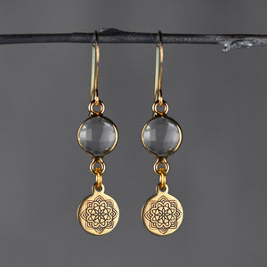 Stamped Blackened Mandala with Round Semi Precious Earrings: Pyrite