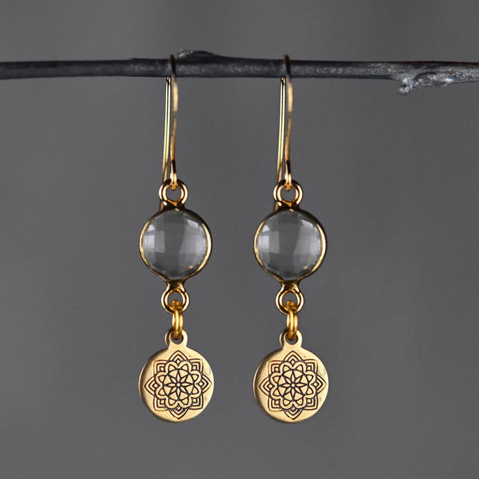 Stamped Blackened Mandala with Round Semi Precious Earrings: Pyrite