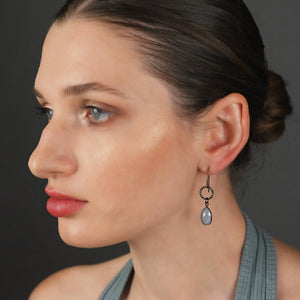 Gunmetal Small Circle Earrings with Stone Drop Earrings: London Blue