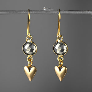 Small Brass Cast Hearts w/ Round Semi Precious Earrings: Golden Rutile