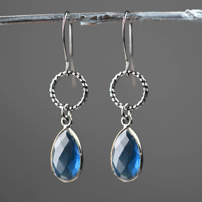 Gunmetal Small Circle Earrings with Stone Drop Earrings: London Blue