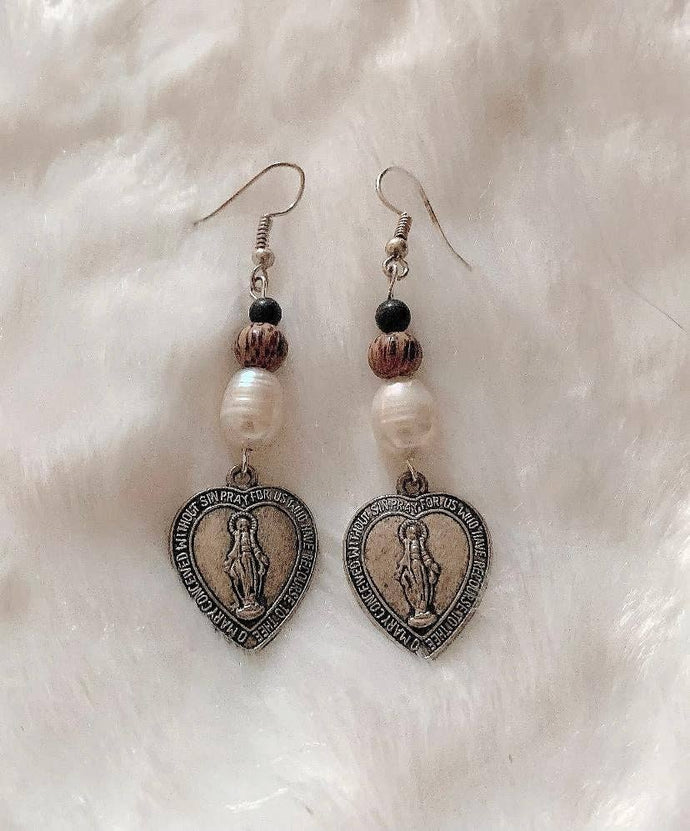 Pearl Wood Mary Magdalene Silver Heart Earrings