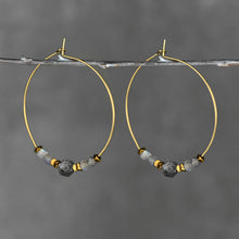 Load image into Gallery viewer, 50mm Brass Hoops w/ Semi Precious Cube and Star Cut Earrings: Aquamarine Cube - Smoky Q Star

