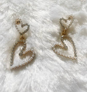 Half Hearted Rhinestone Pearl Gold Earrings