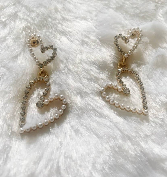 Half Hearted Rhinestone Pearl Gold Earrings