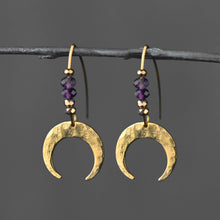 Load image into Gallery viewer, Brass Hammered Crescent Moon w/ Semi Precious Earrings: Black Onyx
