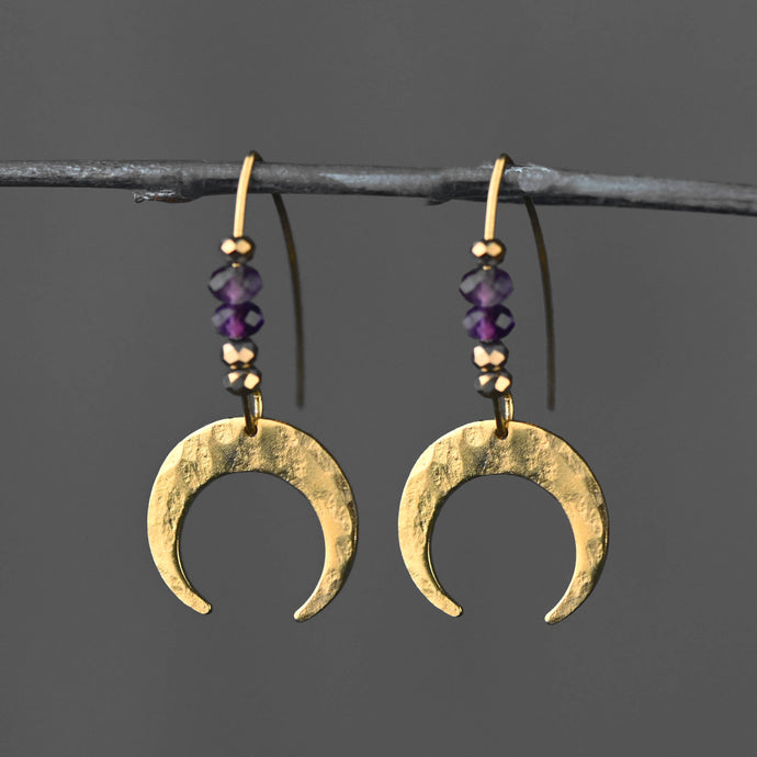 Brass Hammered Crescent Moon w/ Semi Precious Earrings: Black Onyx