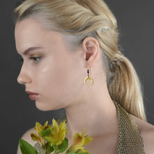 Load image into Gallery viewer, Brass Hammered Crescent Moon w/ Semi Precious Earrings: Citrine
