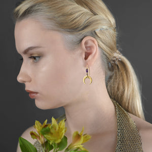 Brass Hammered Crescent Moon w/ Semi Precious Earrings: Citrine