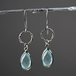 Gunmetal Small Circle Earrings with Stone Drop Earrings: London Blue