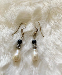 Silver Black Beaded Pearl Earrings